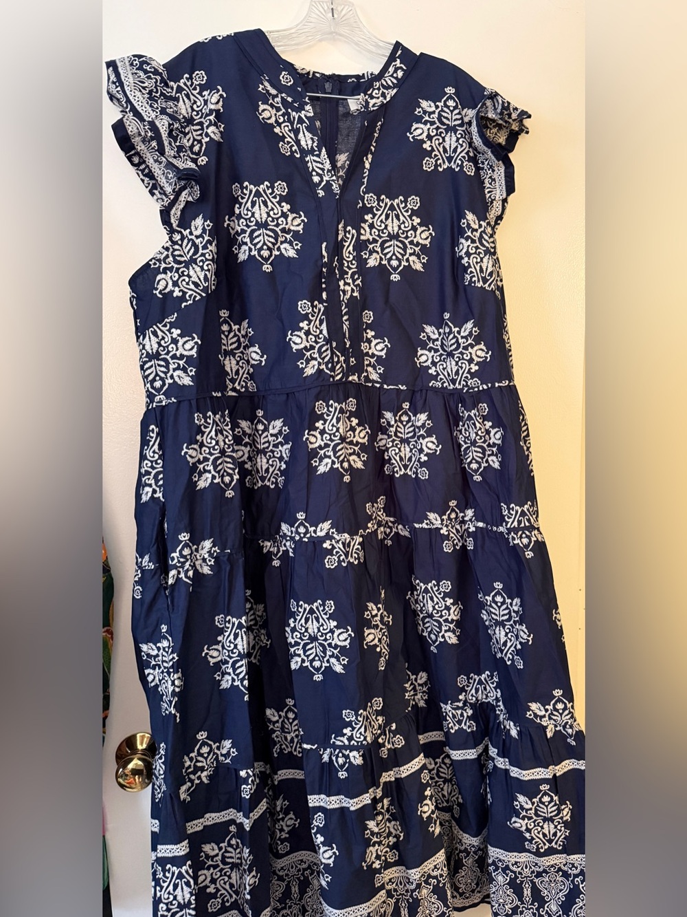 NWT CeCe Navy Blue Cotton Tiered Dress with White Print